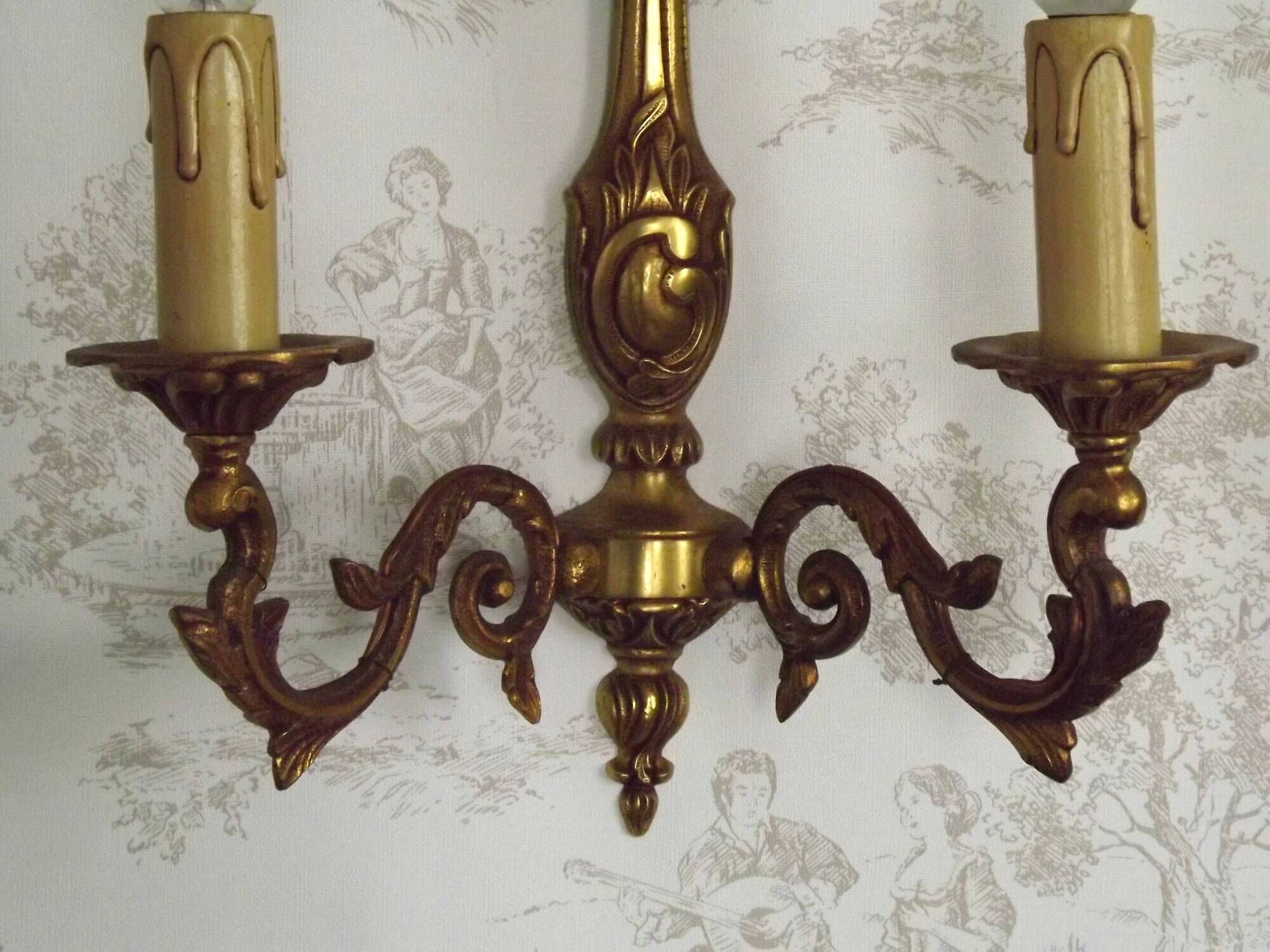 Pair Vintage French Traditional Style Bronze Mid Century Wall Lights 5345