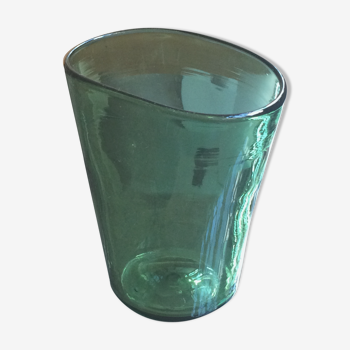 Irregular mouth-blown green glass vase