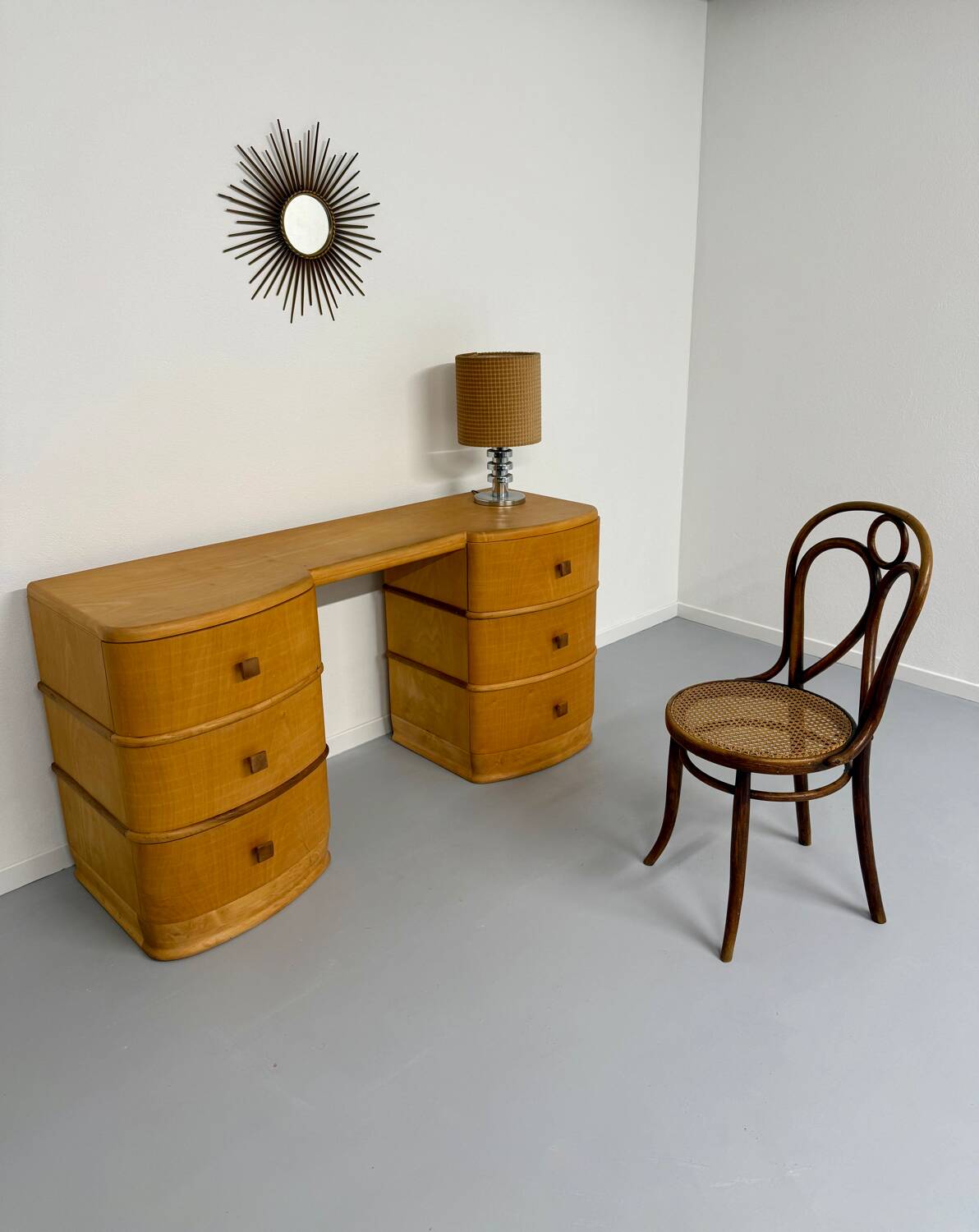 Old beech desk in art deco style with drawer, vintage 60s