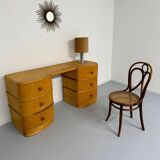 Old beech desk in art deco style with drawer, vintage 60s