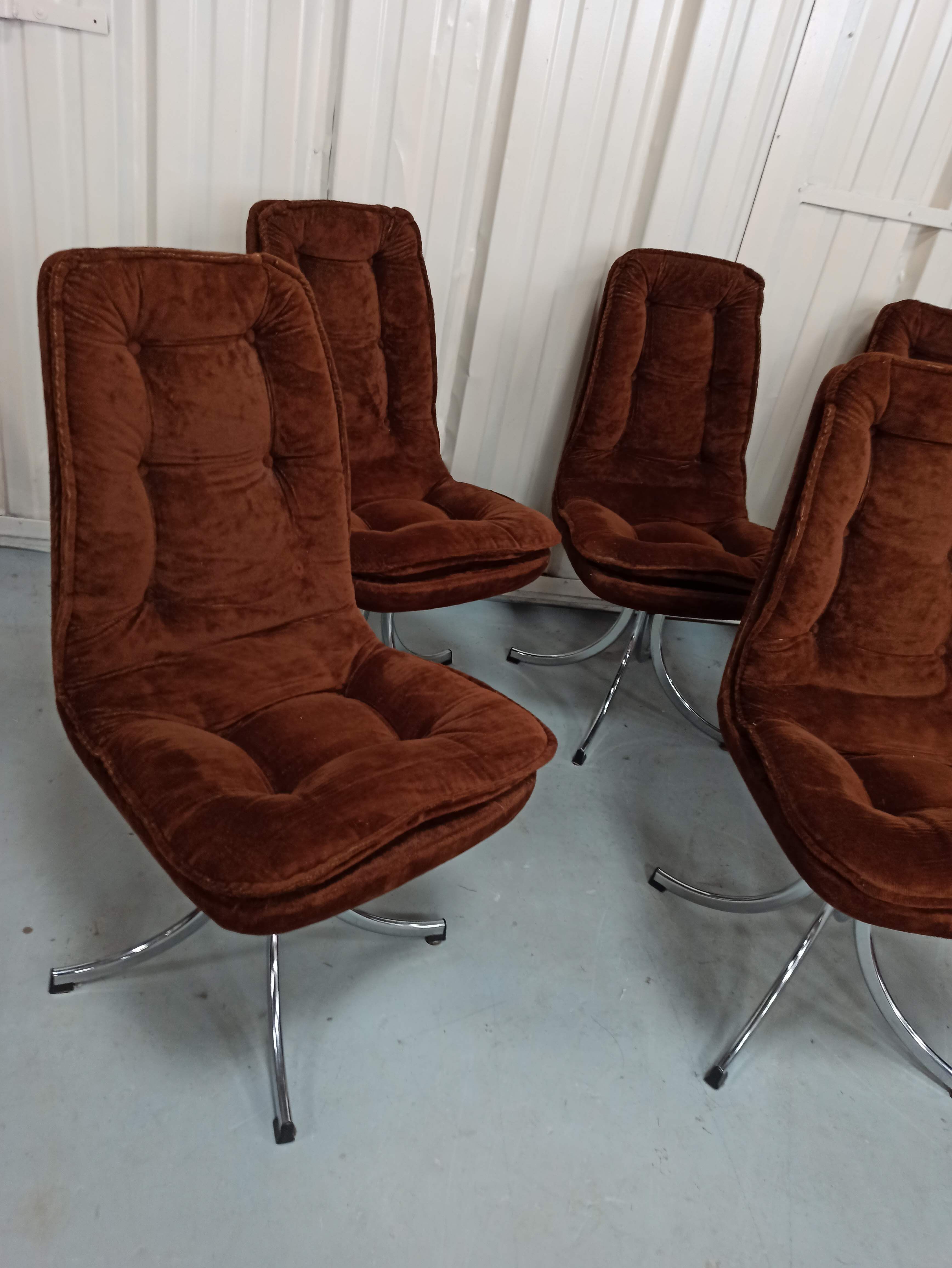 Set of 6 chrome velvet bucket chairs from the 70s