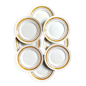 8 assiettes à dessert St Amand en faïence jaune et dorée