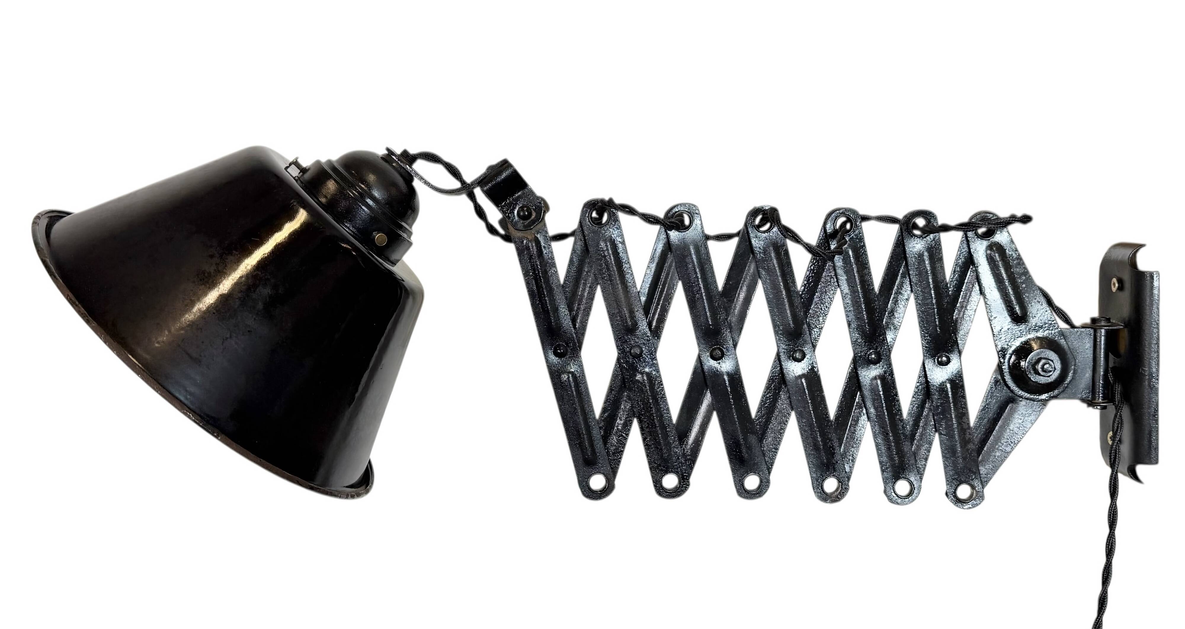 Industrial Black Enamel Scissor Wall Lamp, 1930s