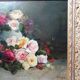 Grand tableau ancien huile sur toile, bouquet de roses, signé, vers 1890-1910