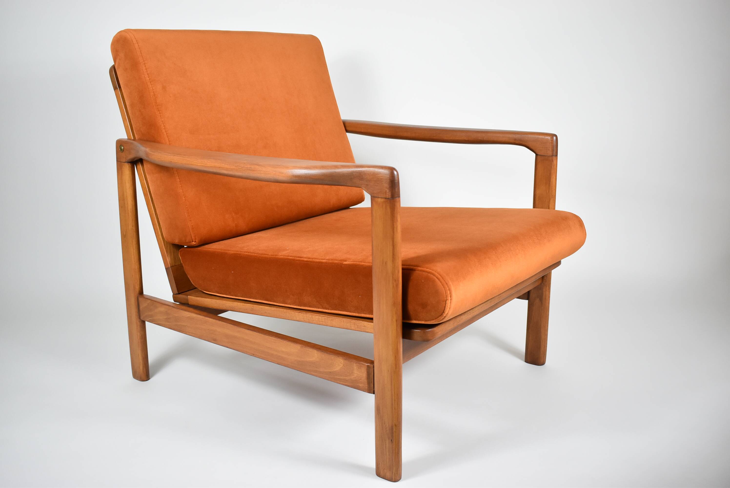 Fauteuil scandinave d'origine restauré, années 60, rouille, velours