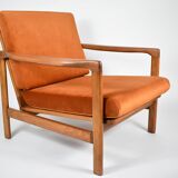 Fauteuil scandinave d'origine restauré, années 60, rouille, velours