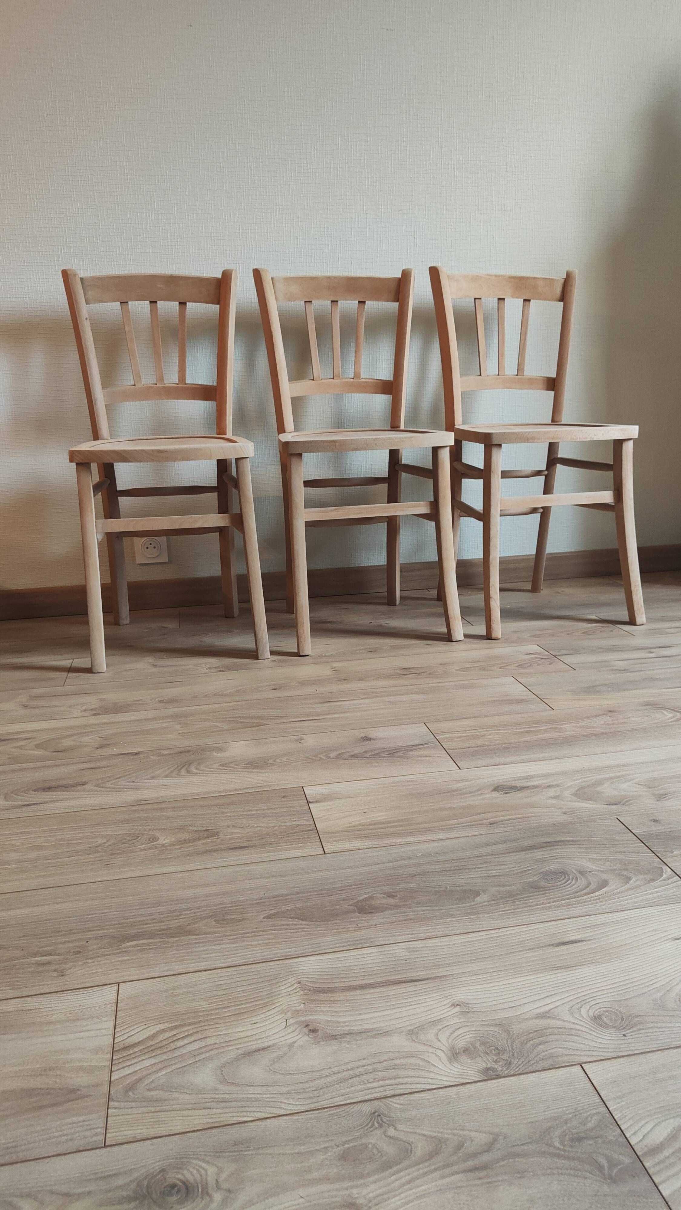 Set of 3 vintage bistro chairs in raw wood (Beech) - Luterma / Ba style