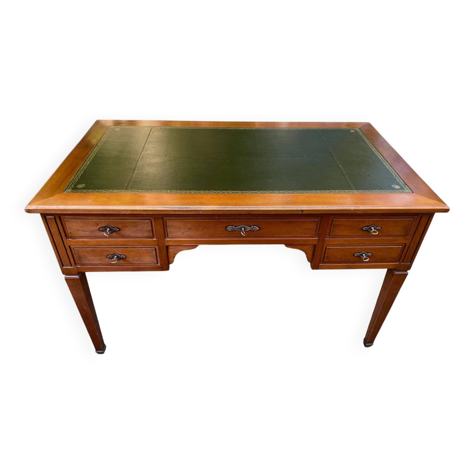 Bureau en bois massif et cuir vert extensible Louis XVI début 20ème