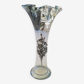 Vase ancien en verre et métal argenté