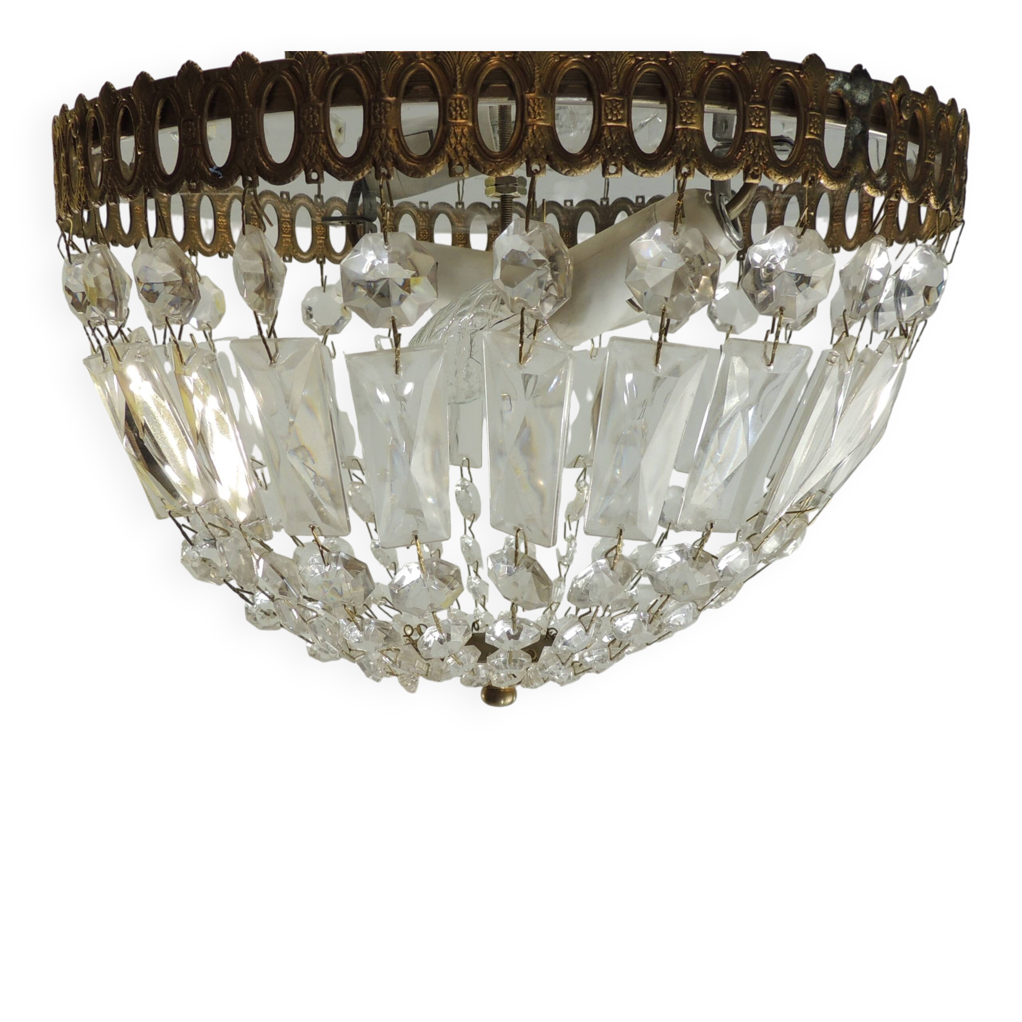 Lustre plafonnier ancien en cristal, style empire, métal doré patiné – susp