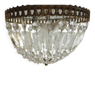 Lustre plafonnier ancien en cristal, style empire, métal doré patiné – susp