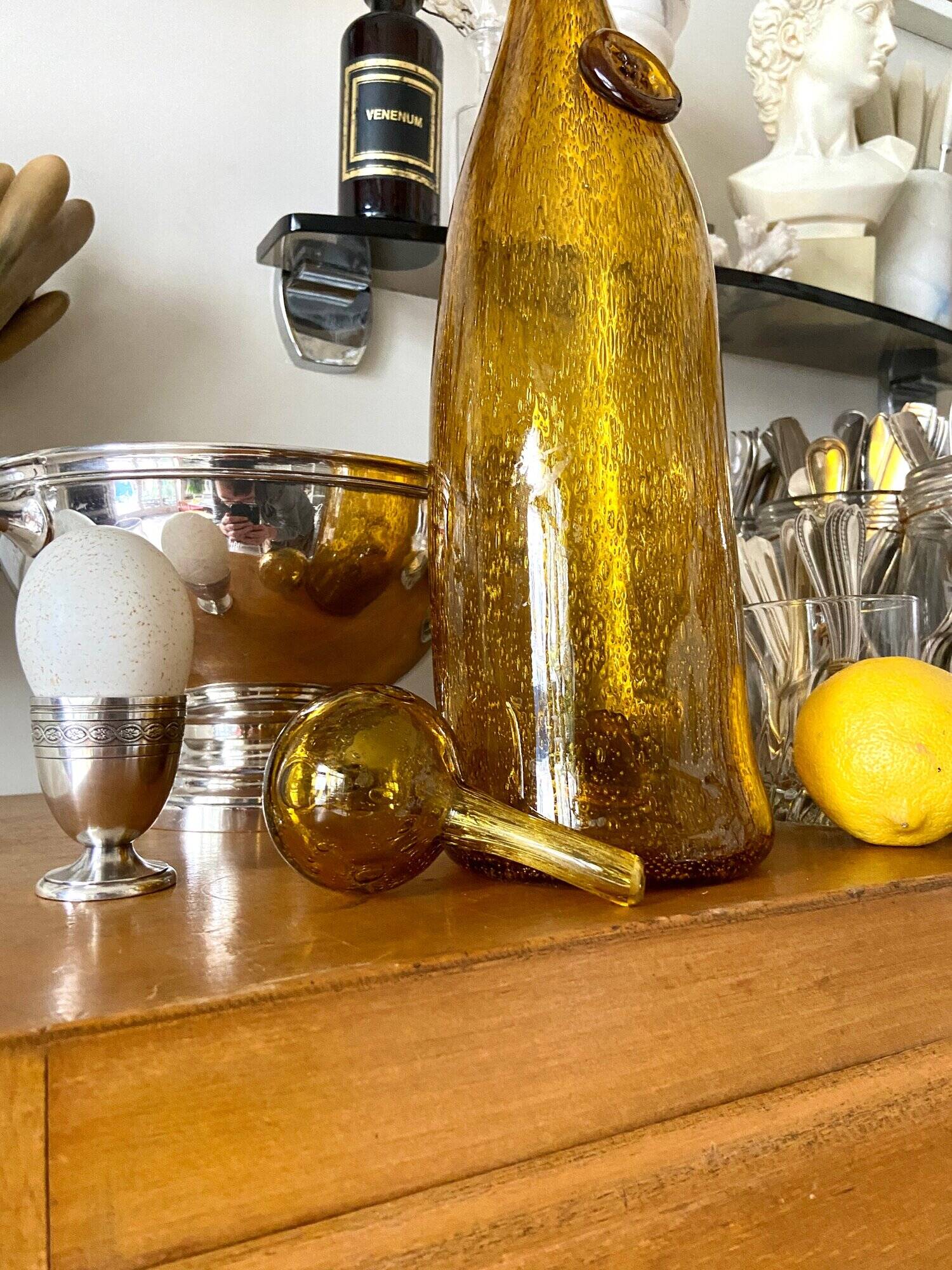 Biot "Narrow Bottle 45" in golden yellow bubbled glass