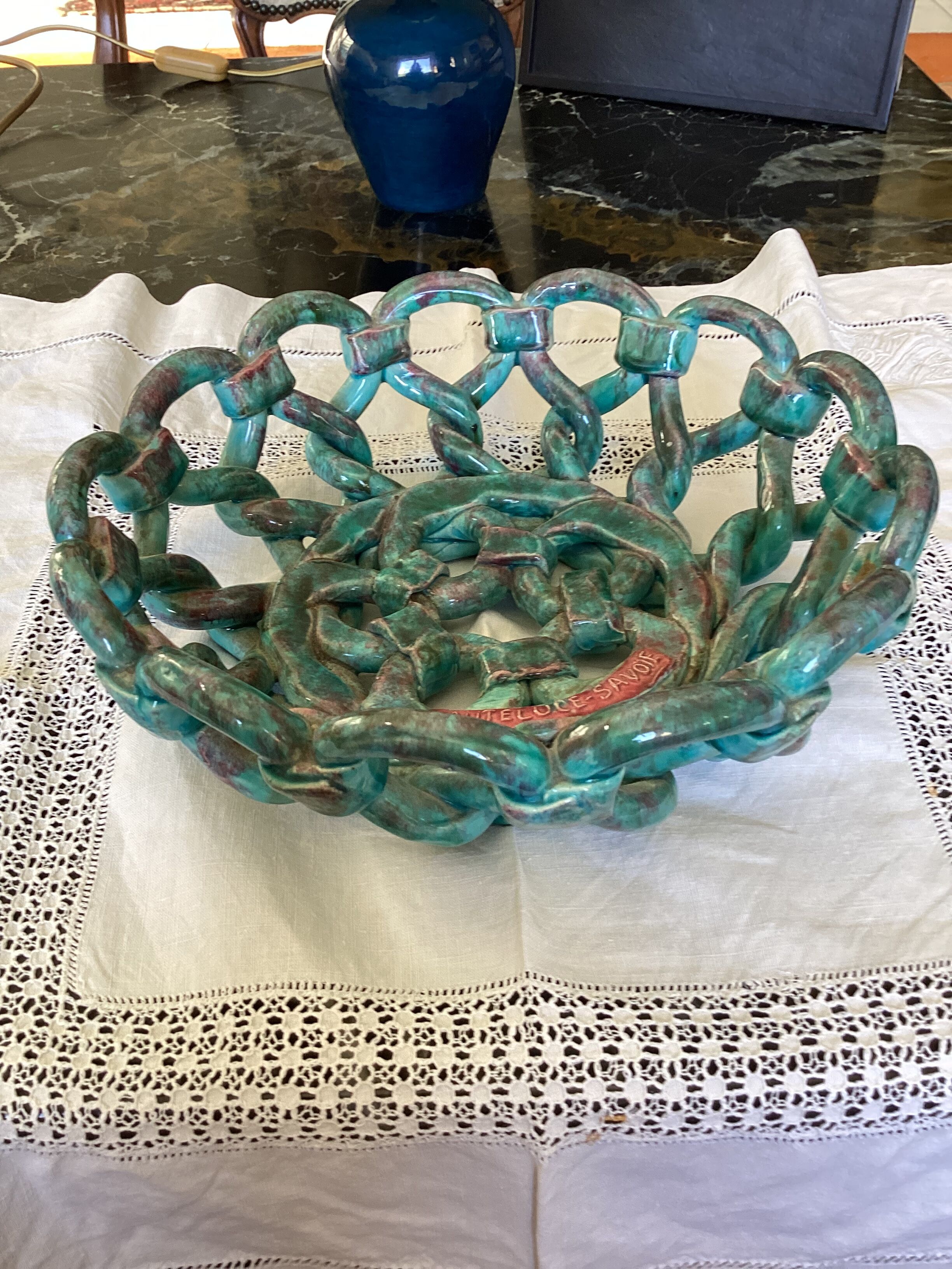 Pottery basket of braided earthenware for fruits dimension: H-9,5cm- D-25,5cm-