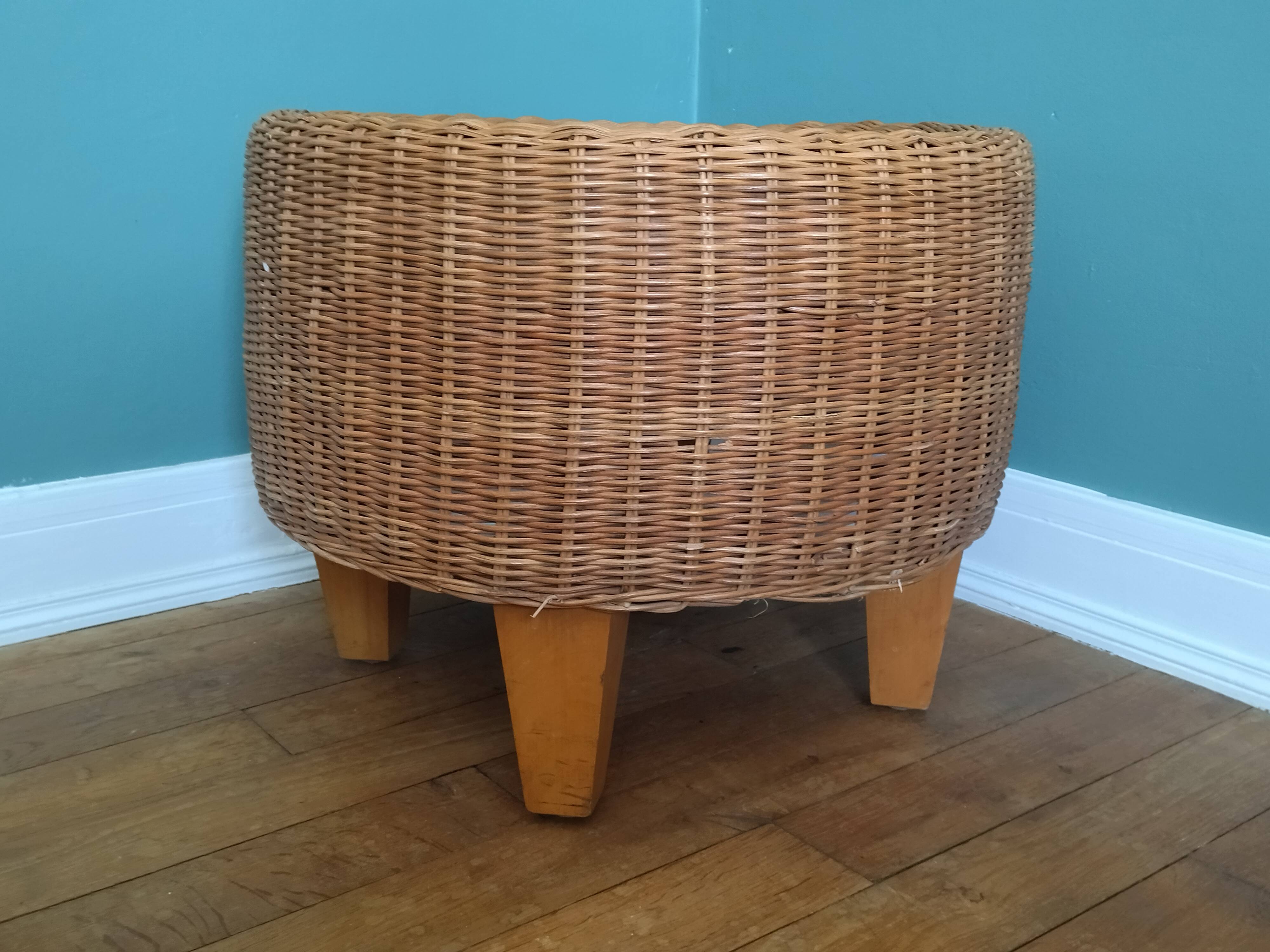 Vintage braided rattan pouf