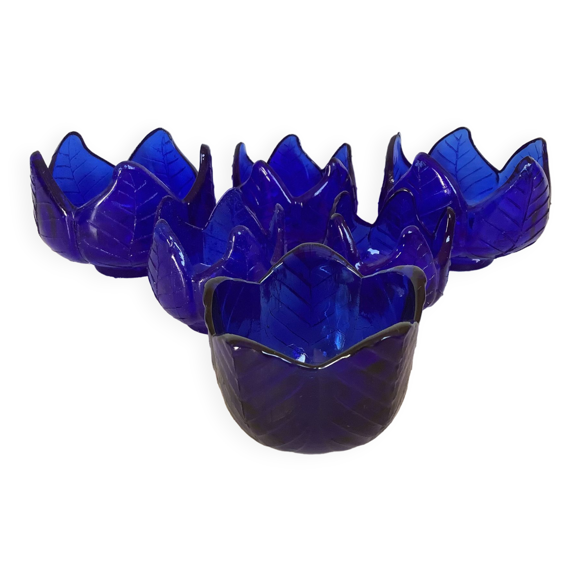 Six stackable cobalt blue candlesticks