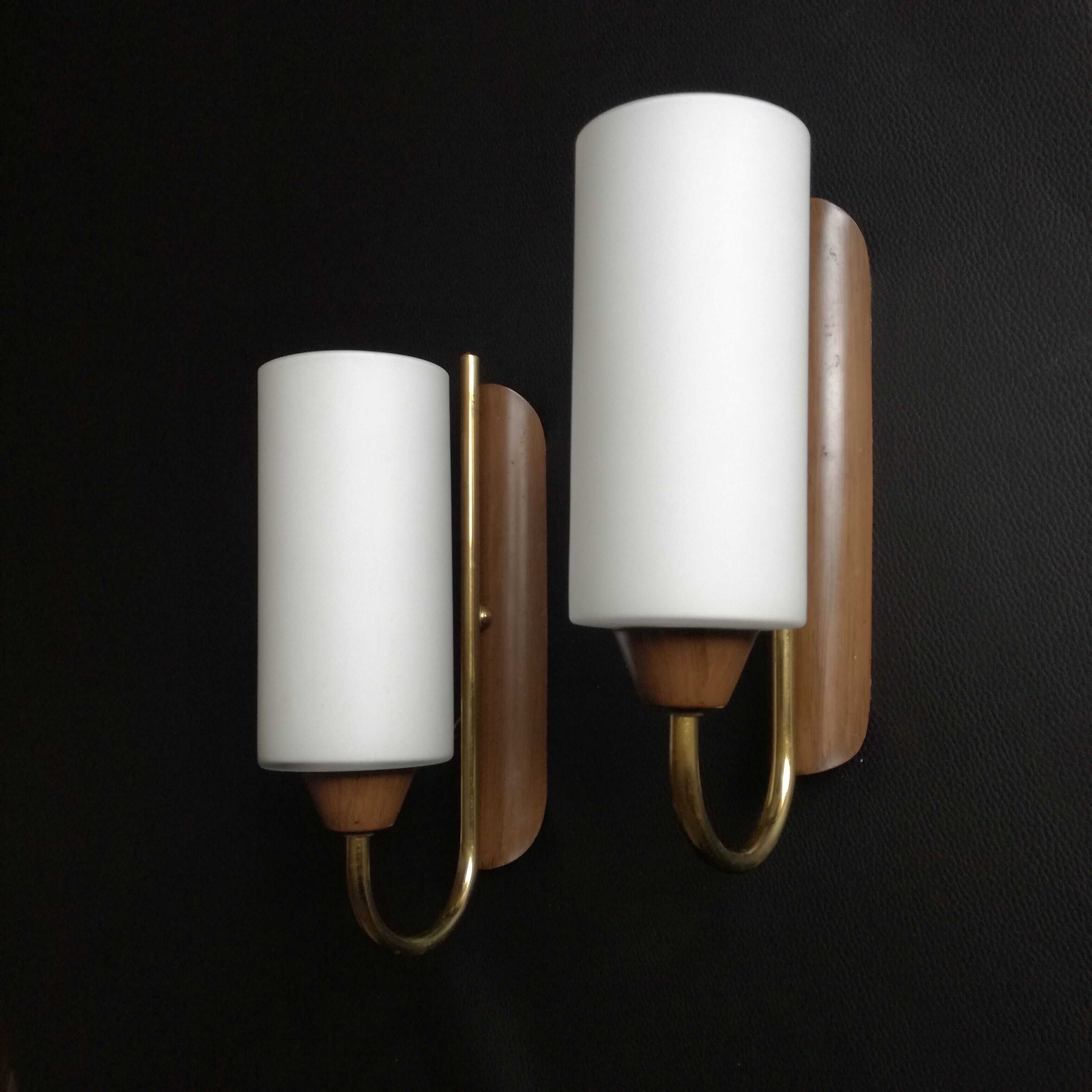 Pair of brass and opalin glass sconces