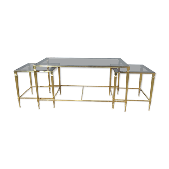 Coffee table and pair of vintage sofa end in gilded brass and smoked glass 1960 house style jansen