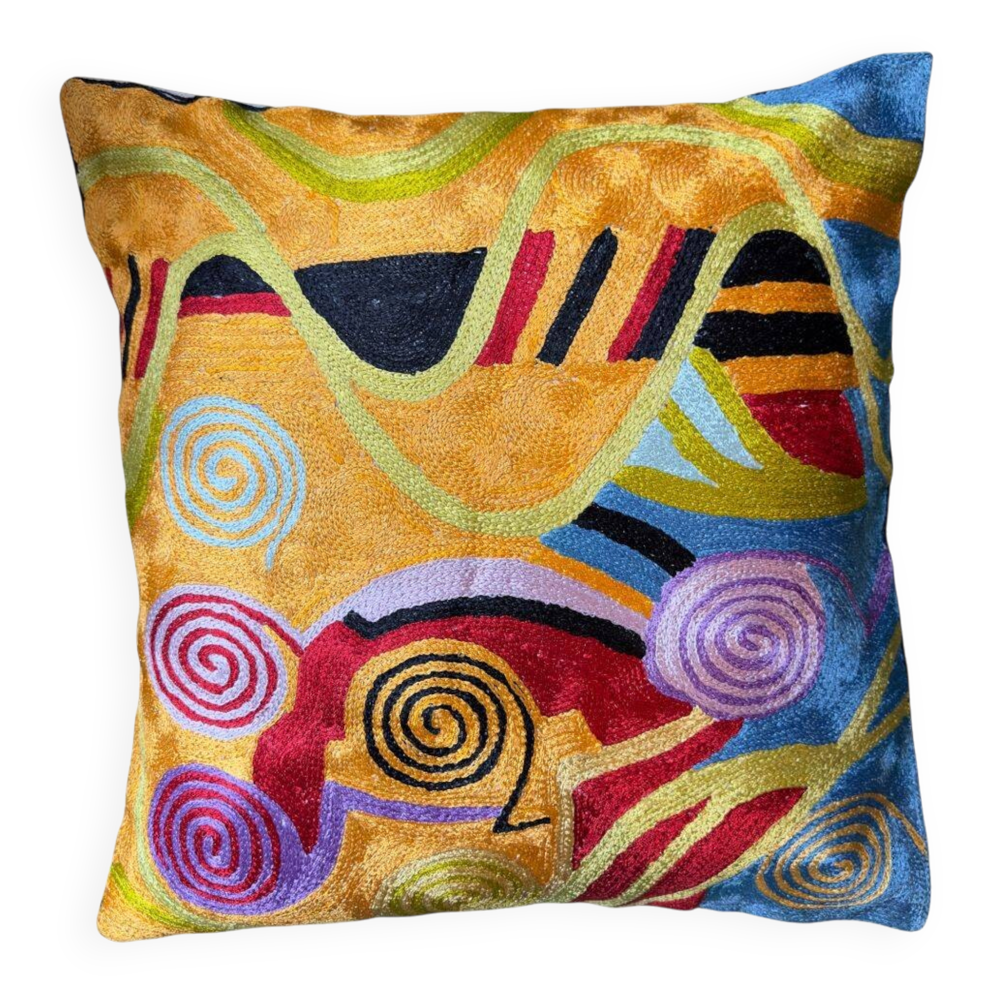 Housse de coussin brodée main en soie, art moderne, motif spirales