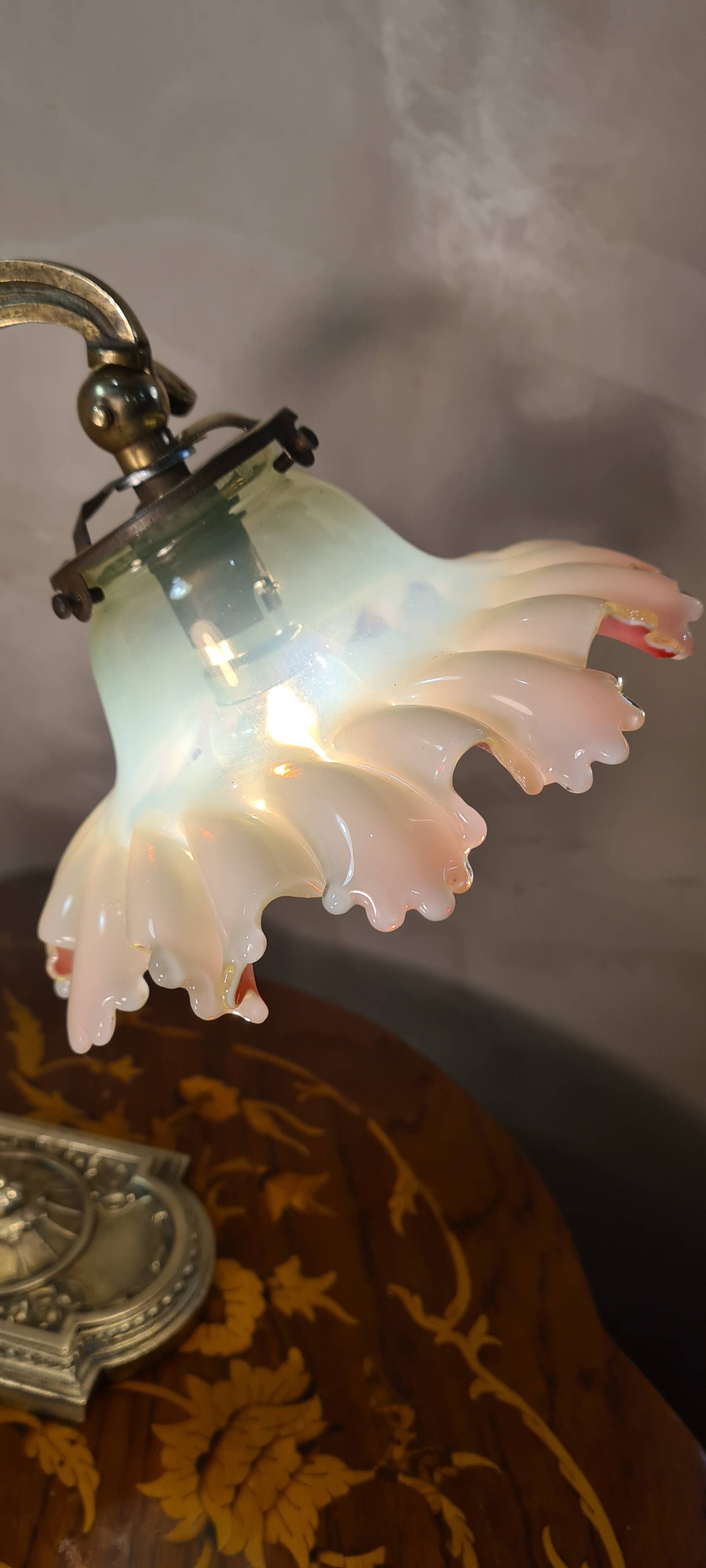 old art nouveau bronze lamp 30x25 with opalescent tulip red interior very rare