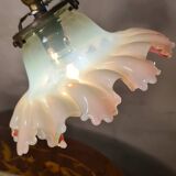 old art nouveau bronze lamp 30x25 with opalescent tulip red interior very rare