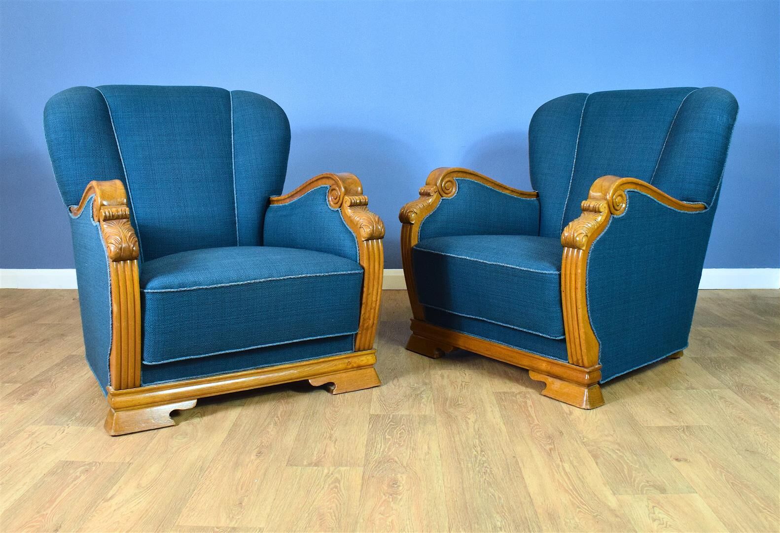 Mid century danish teal blue wool & oak club lounge chair