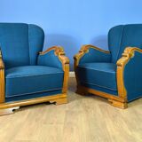 Mid century danish teal blue wool & oak club lounge chair