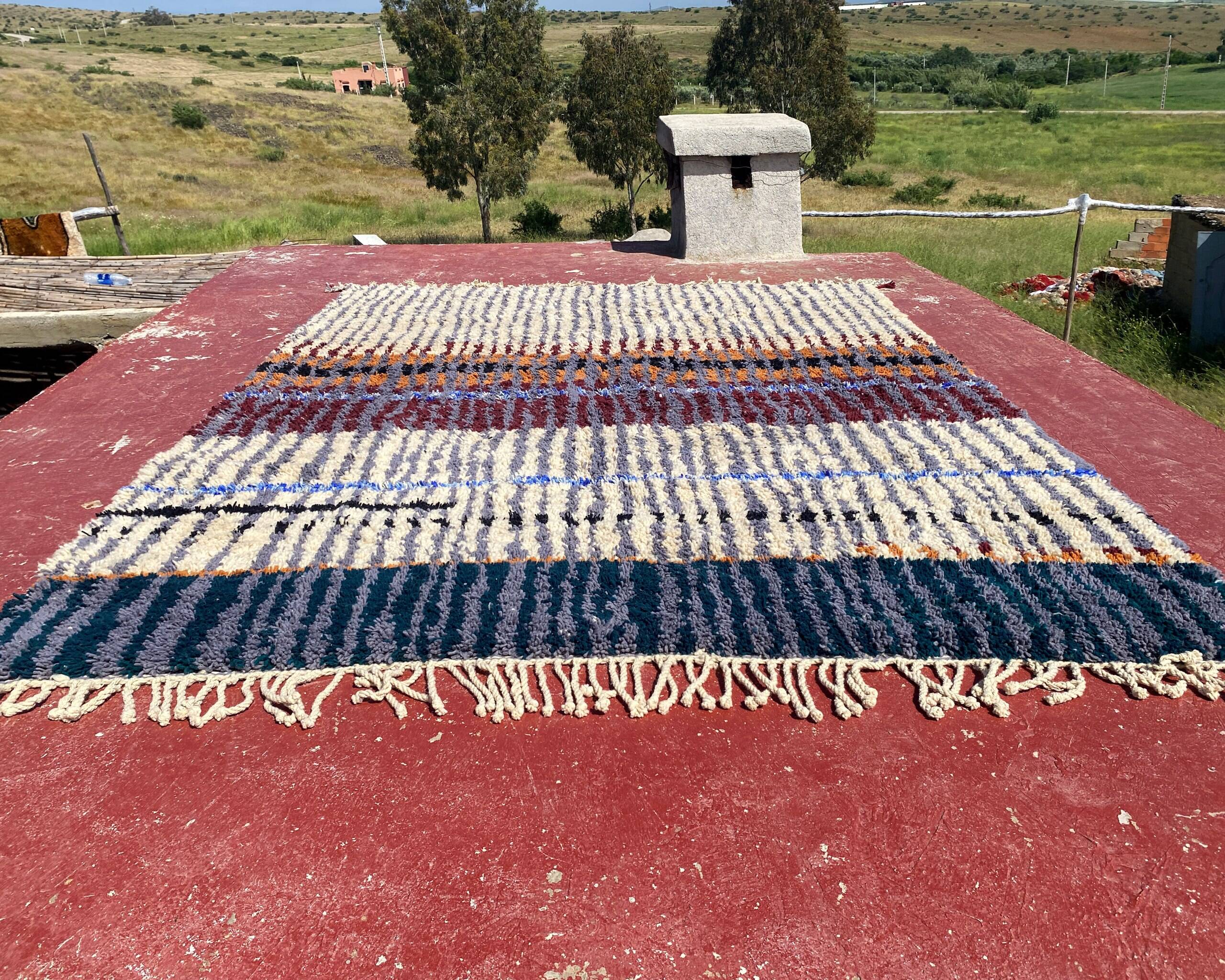 Vintage Moroccan Berber rug with multicoloured stripes – 332 x 244 cm