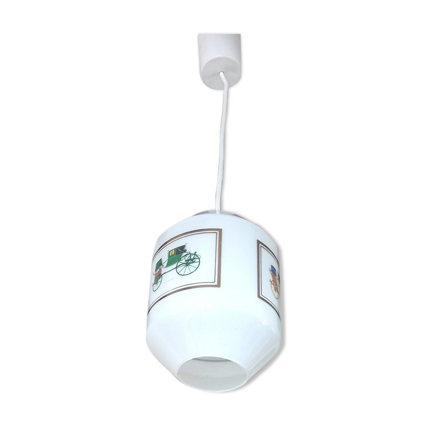 Chandelier luminaire, white opaline with vintage classic car patterns