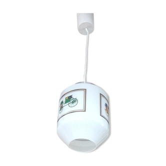 Chandelier luminaire, white opaline with vintage classic car patterns