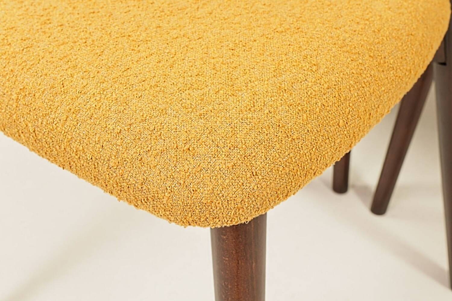 Ocra Dining Chairs set of 6, yellow bouclè fabric, Dark wood