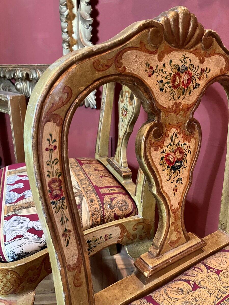 Venetian Lacquered Rococo-Style Armchairs with Hand-Painted Floral Décor and Theater-Inspired Upholstery, Set of 2