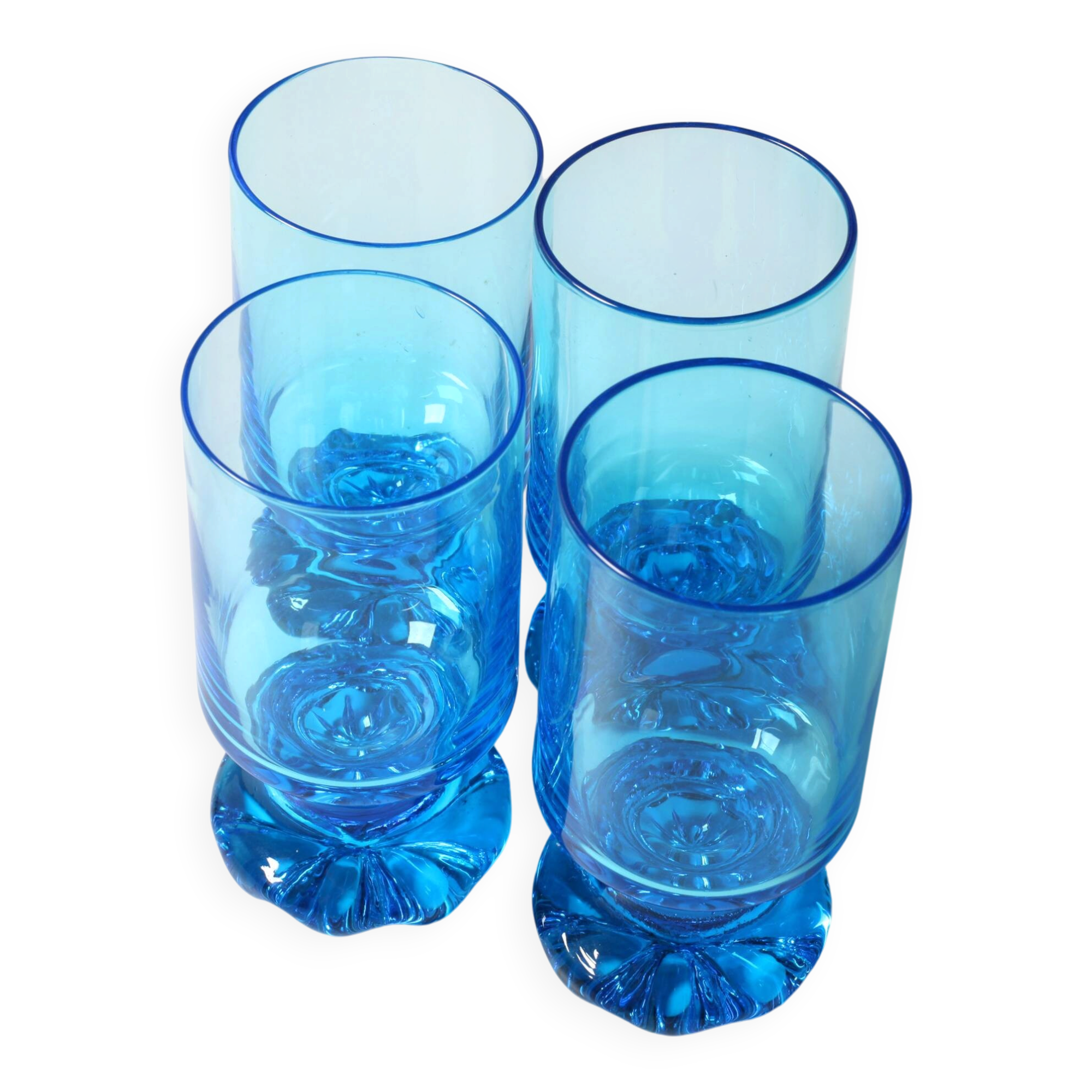 Set of 4 Unique Vintage Bright Blue Glasses / Solid Rare Tumblers / Italy /