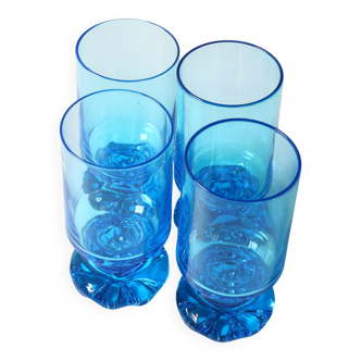 Set of 4 Unique Vintage Bright Blue Glasses / Solid Rare Tumblers / Italy /