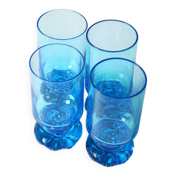 Set of 4 Unique Vintage Bright Blue Glasses / Solid Rare Tumblers / Italy /