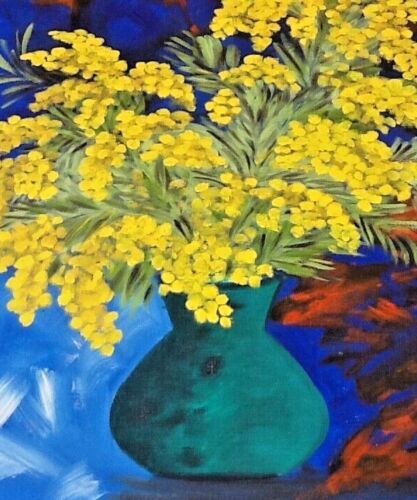 Tableau huile sur toile nature morte bouquet de mimosa
