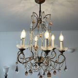 chandelier with 6 candlesticks and pink and transparent pendants
