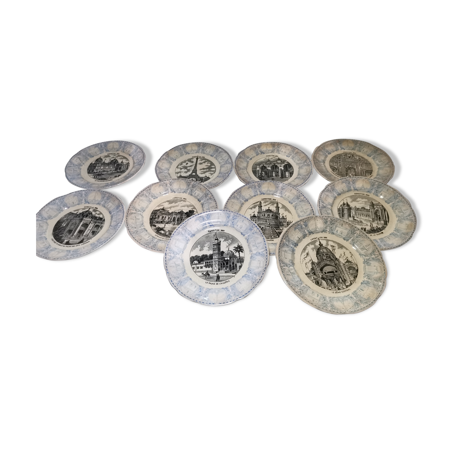Lot 10 assiettes parlantes opaque Sarreguemines fin 19 ème, exposition universelle 1889