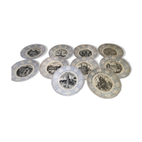 Lot 10 talking plates opaque Sarreguemines late 19th, Universal Exhibition 1889