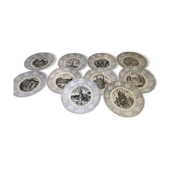 Lot 10 talking plates opaque Sarreguemines late 19th, Universal Exhibition 1889