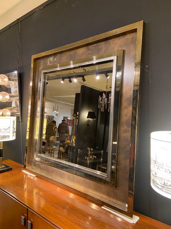 Miroir Belgo Chrom XXL laiton étain chrome et miroir bronze 130x130cm