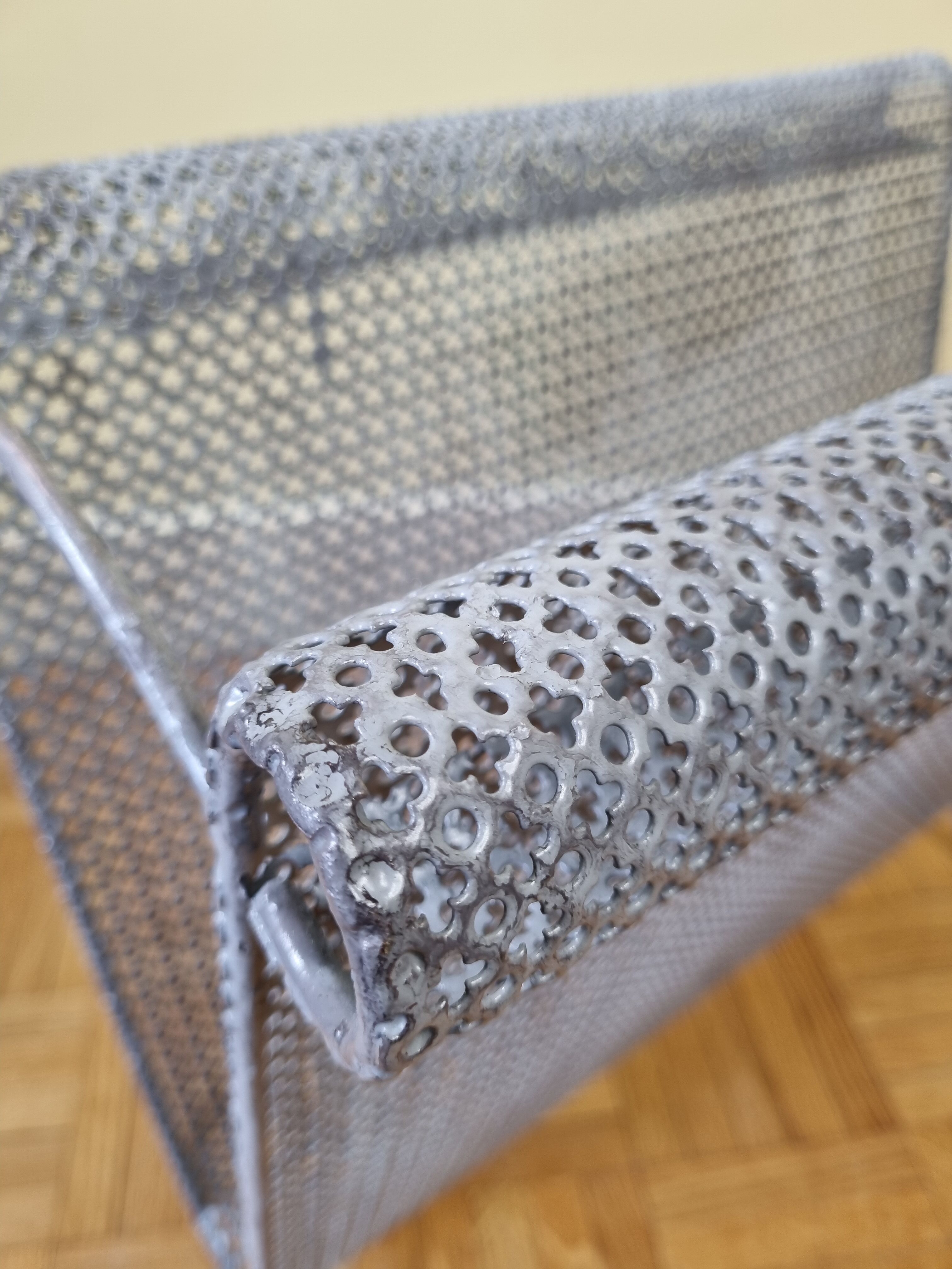 Vintage magazine holder in perforated metal, 39 cm