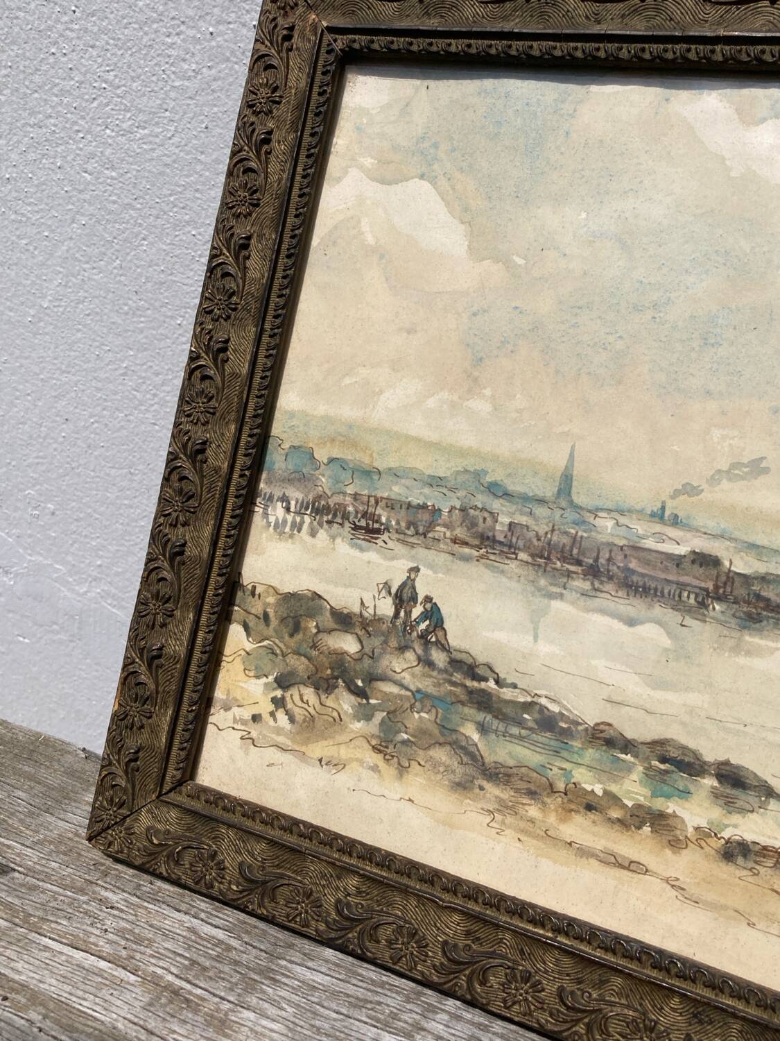 Watercolor old shore golden frame