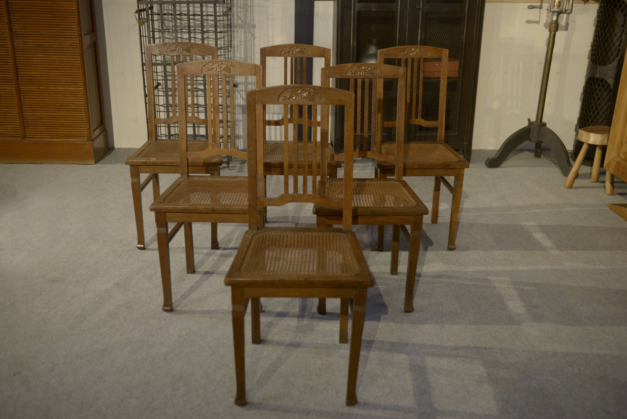 Set of 6 Art Deco oak cane chairs from the 1930s
