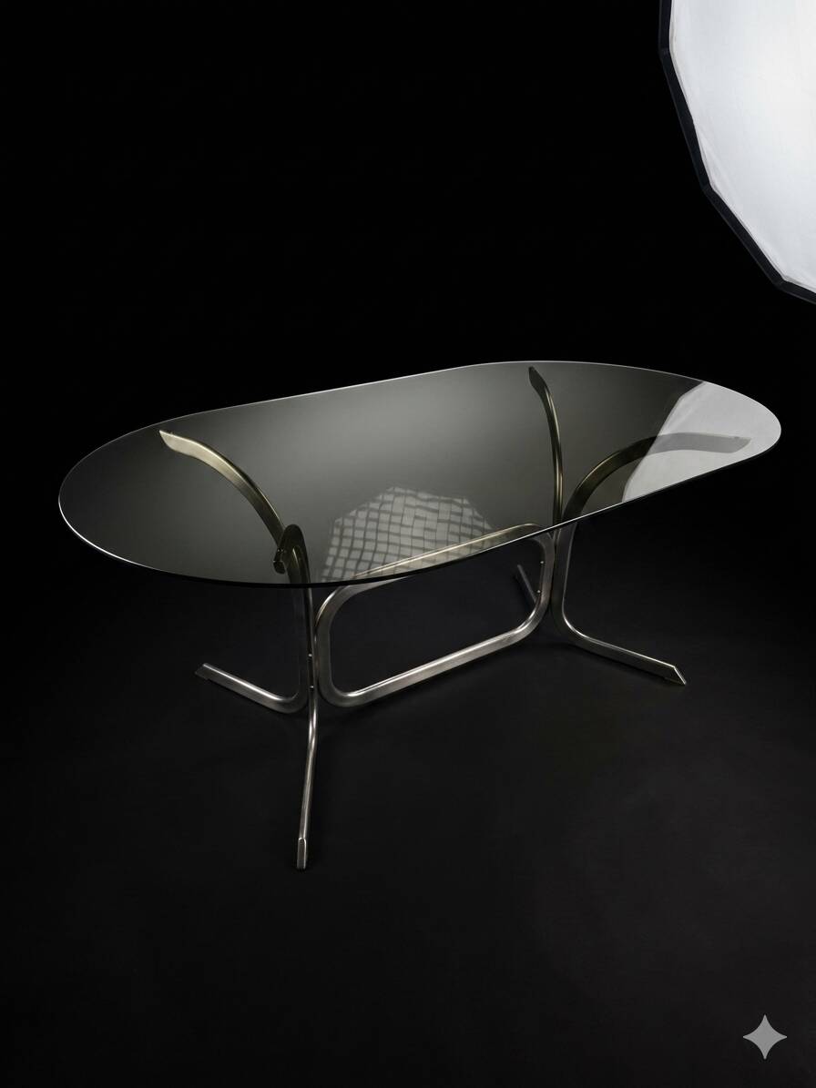 Silver metal table with smoked glass top from the 1970s.