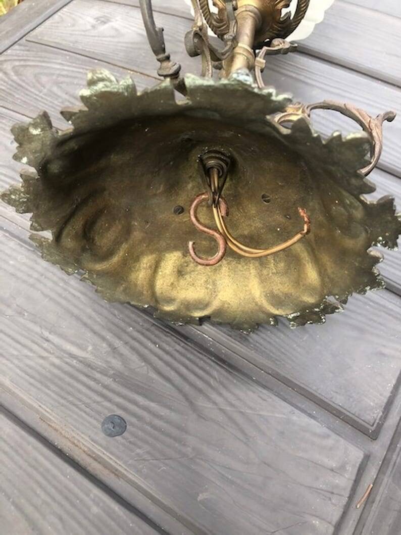 Antique French Napoleon III Brass & Bronze Opaline Glass Ceiling Light