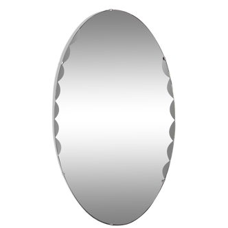 Bevelled art deco oval mirror mounted on wood with vertical or horizontal original chain 38x68cm