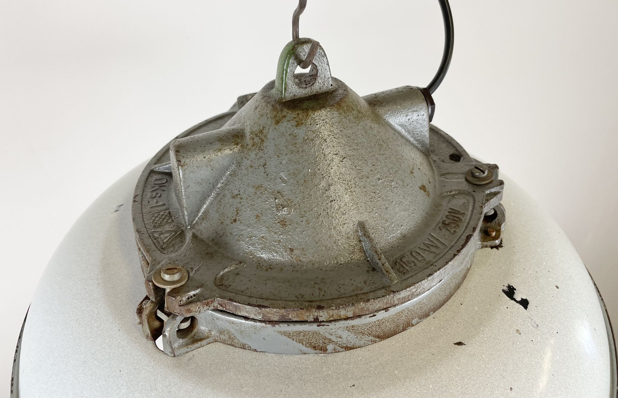 Industrial Grey Enamel Factory Cage Pendant Lamp in Cast Iron from Zaos, 1960s