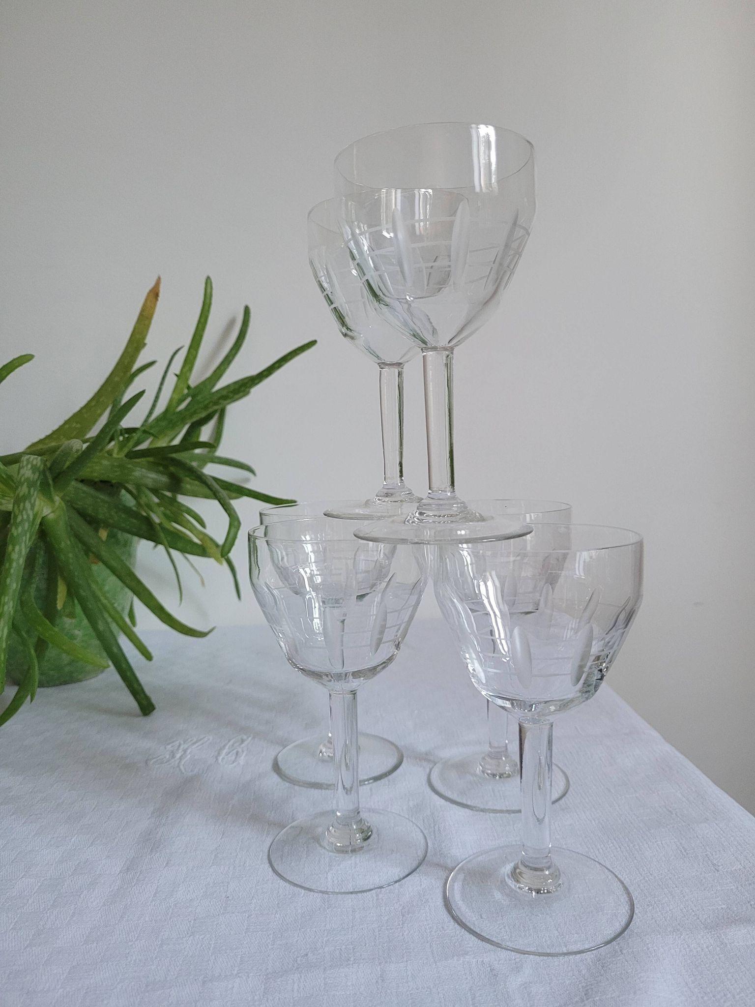Set of 6 cut glass wine glasses