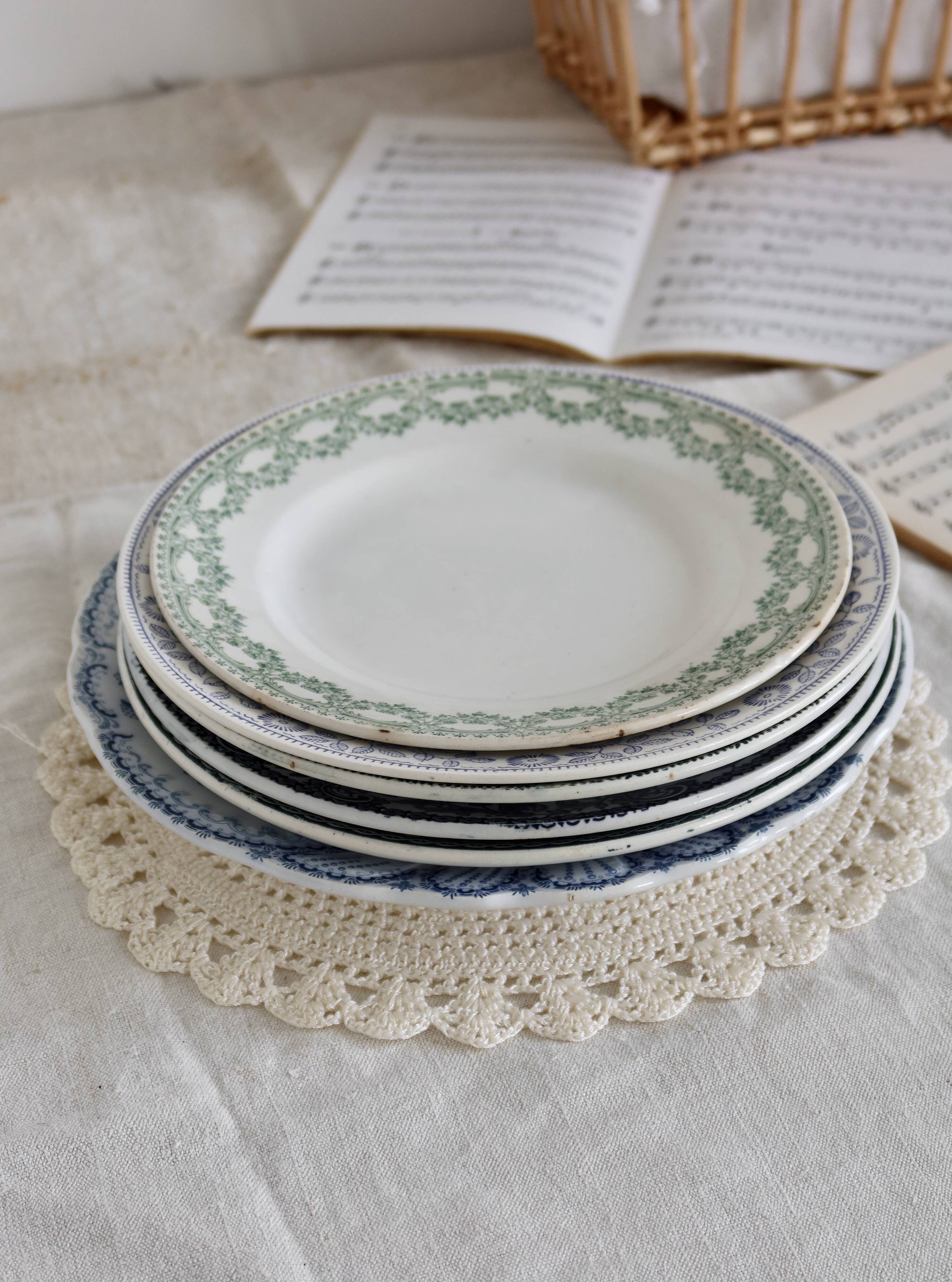 6 mismatched vintage iron earthenware plates