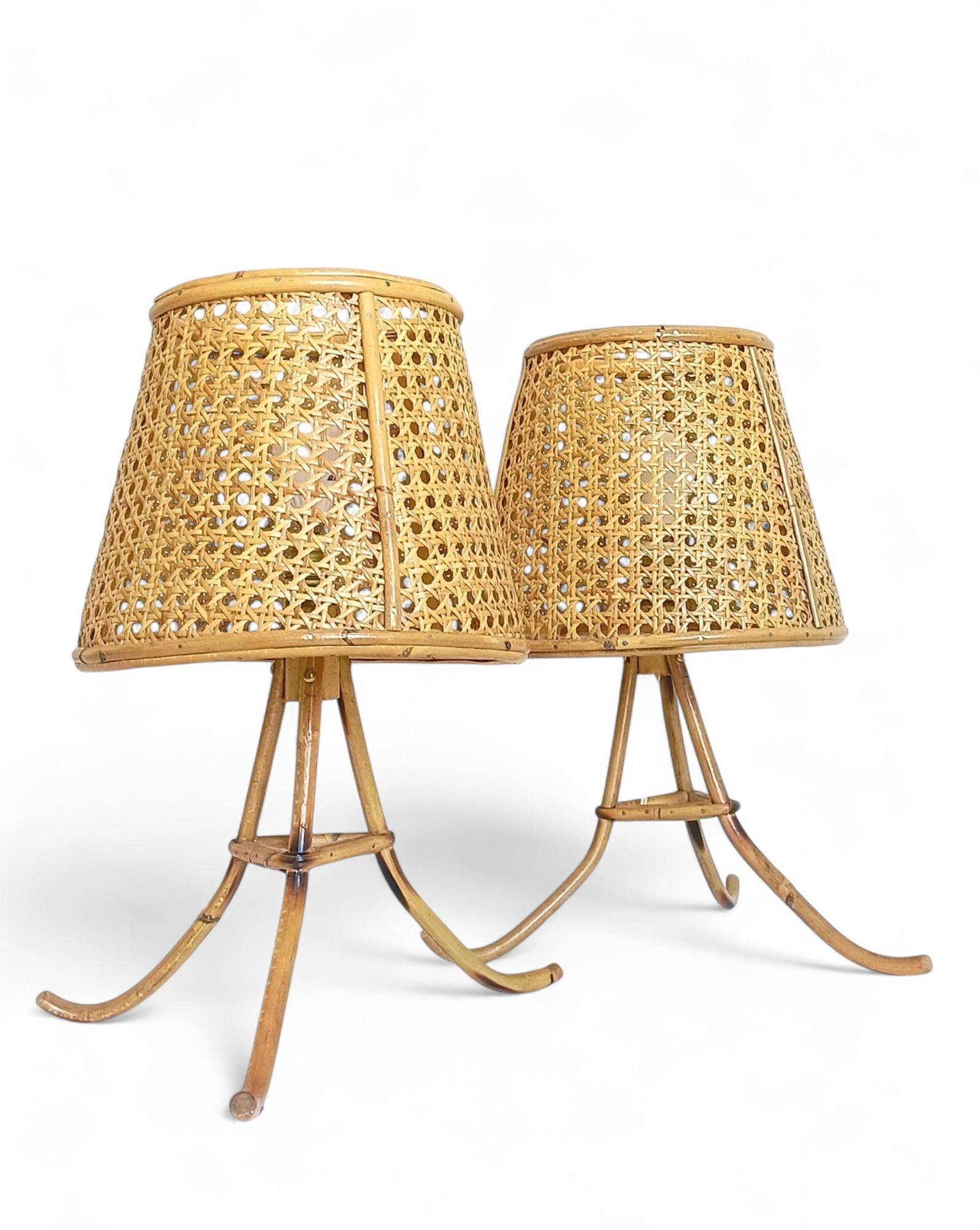 Mid-Century Bamboo and Cane Pair of Large Table Lamps By Louis Sognot, 1970s